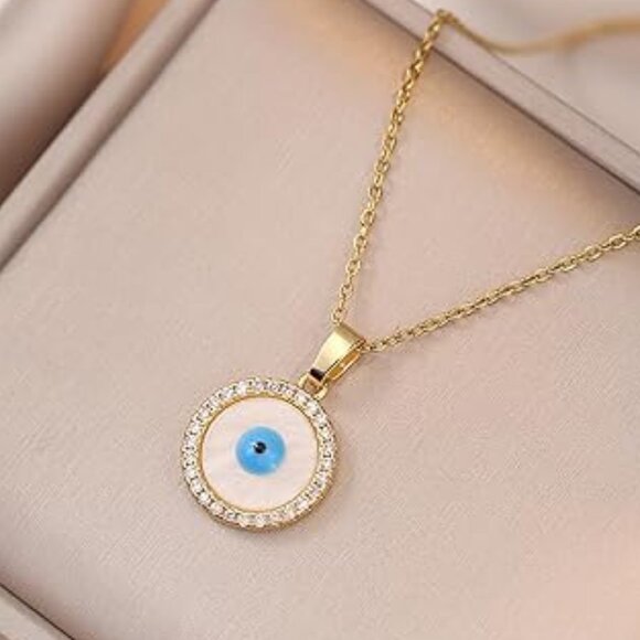Neiman Marcus 14K Gold Plated Blue Evil Eye Mother of Pearl CZ Necklace - Picture 3 of 3